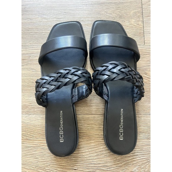 BCBG Generation Black Shoes Weave Strap Flat Slide On Sandals Women's Size 10 - Picture 1 of 5